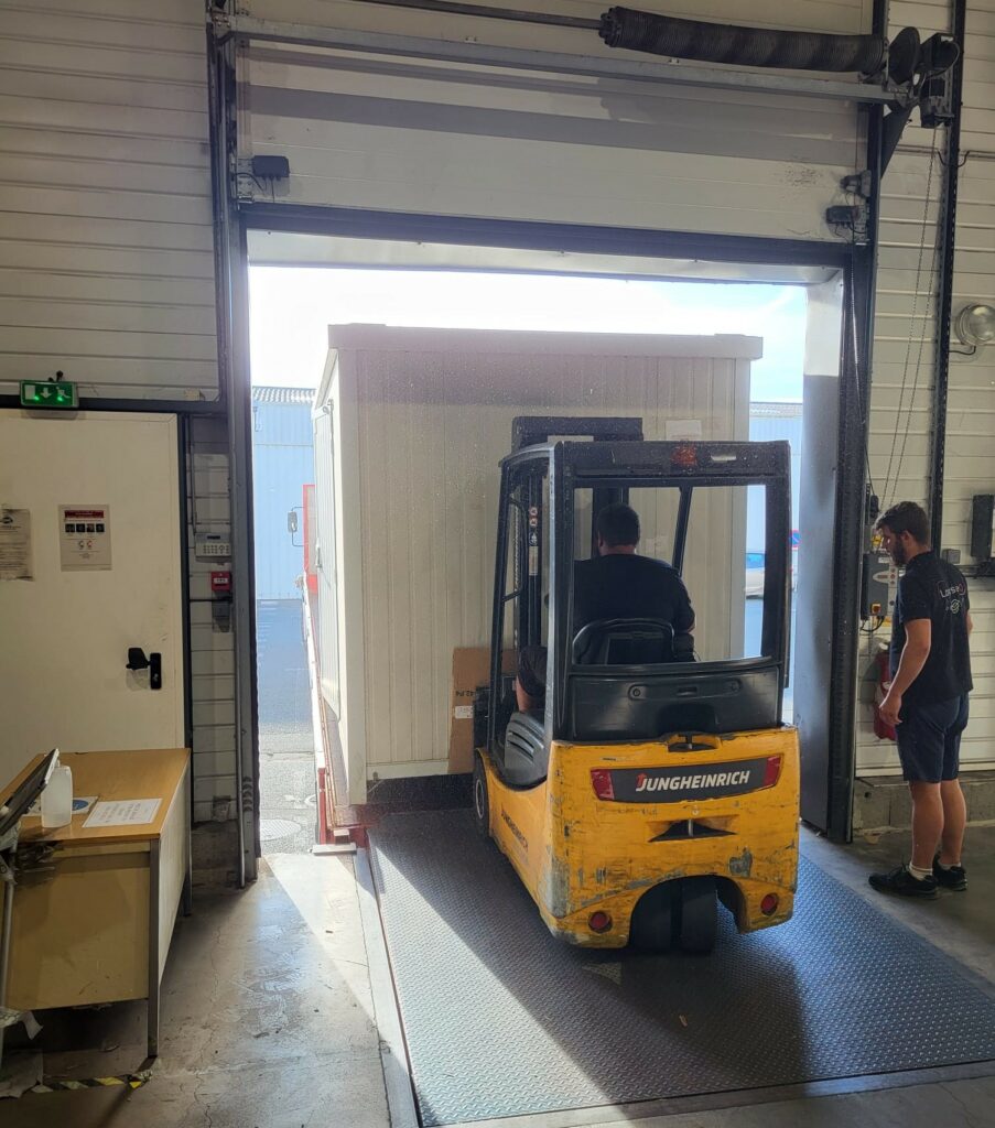 An operator uses a handling machine